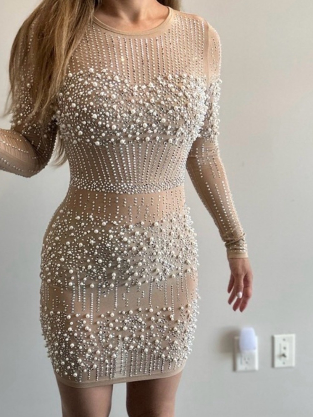 Banjul Nude Pearl-Embellished Mini Dress